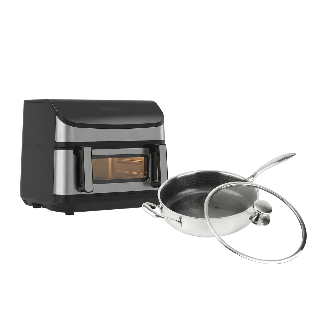 DualFry Fusion Airfryer + Hybride Hapjespan met Deksel Ø28
