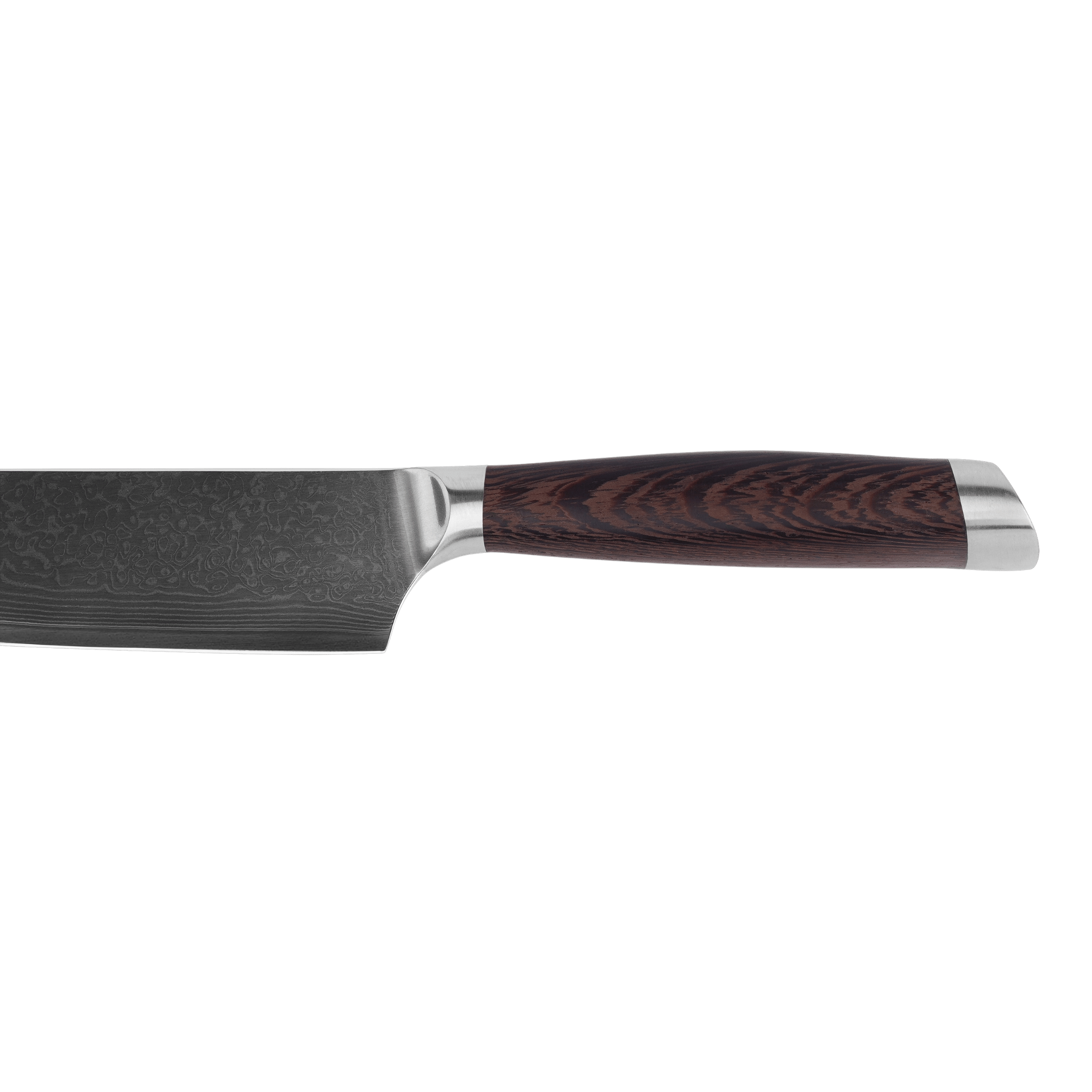 Damascus koksmes 20 cm — bovenaanzicht op snijkant en punt