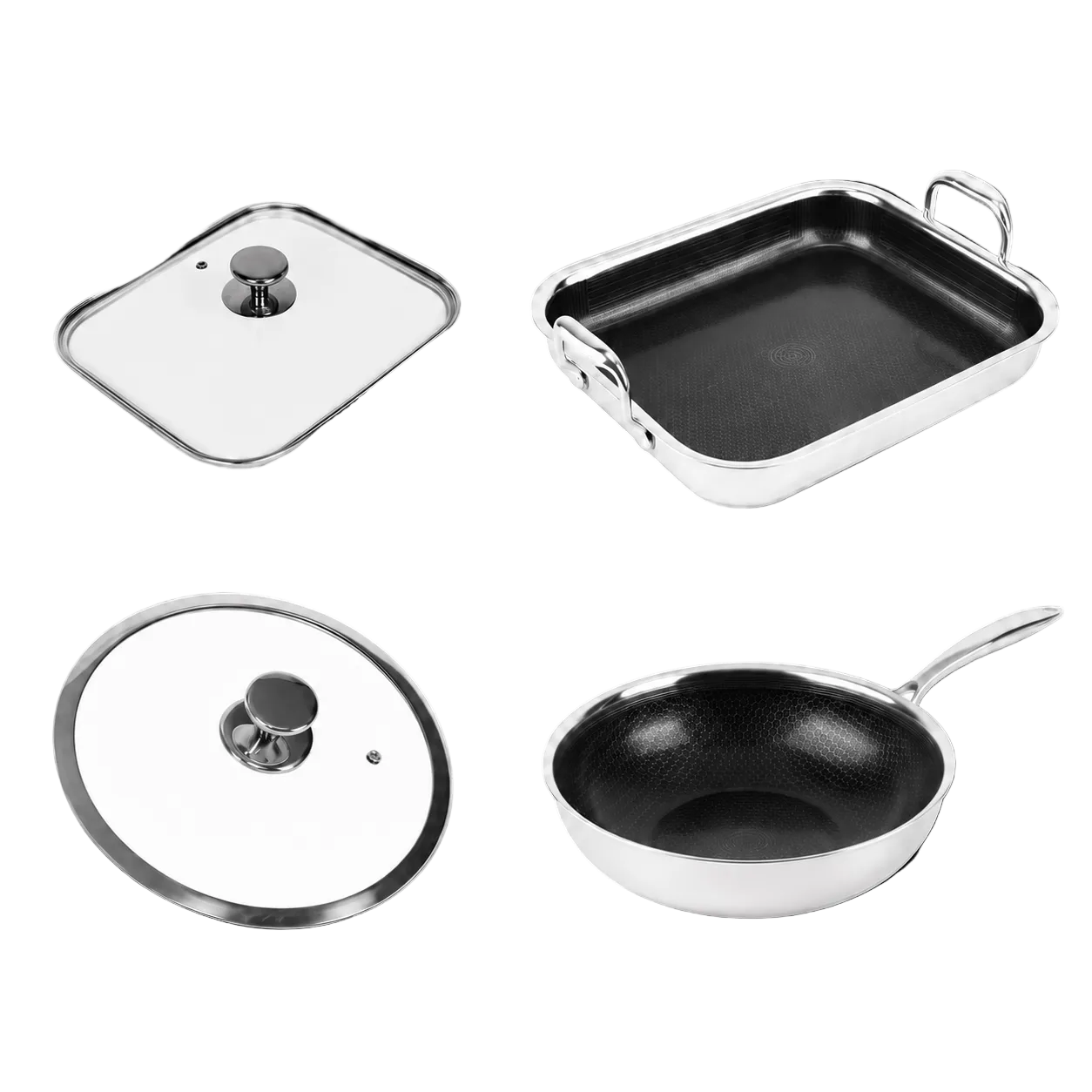 Hybride Wok Ø28 & Hybride Braadslede + Glazen deksels